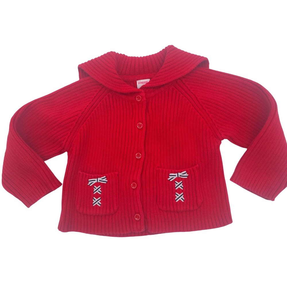 Gymboree Girls Red Ribbed Knit Cardigan Bow Pockets 2003 Vintage 2T